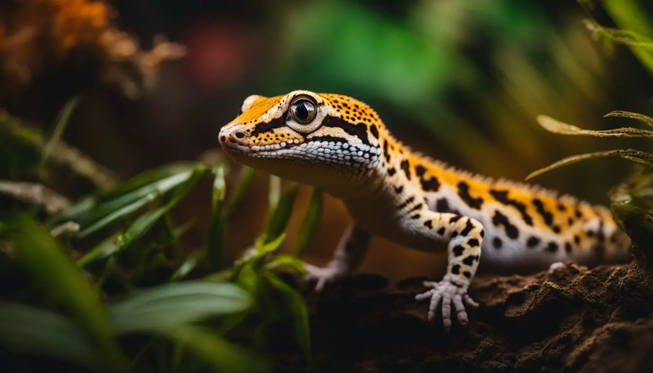 A leopard gecko hunting for nightcrawlers in a terrarium.