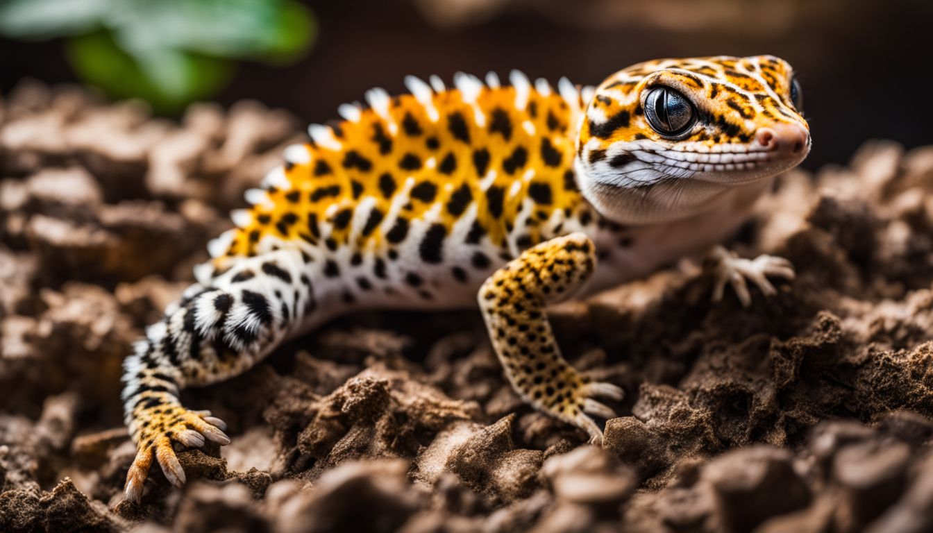 A leopard gecko surrounded by different substrates and hiding spots.