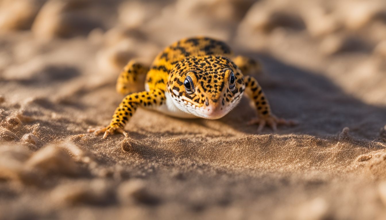A leopard gecko hunting and eating mealworm beetles in a desert environment.