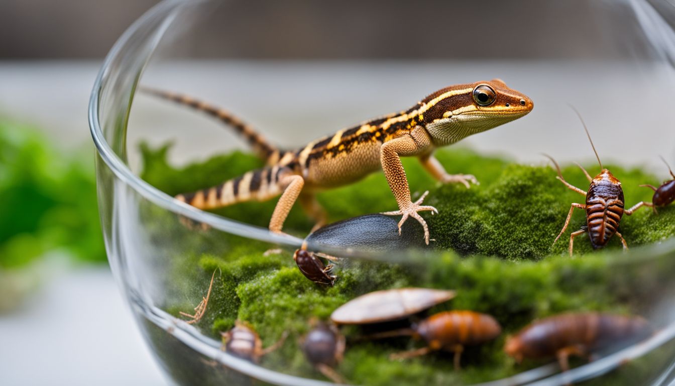 A gecko inspecting a bowl of safe cockroaches in a terrarium.