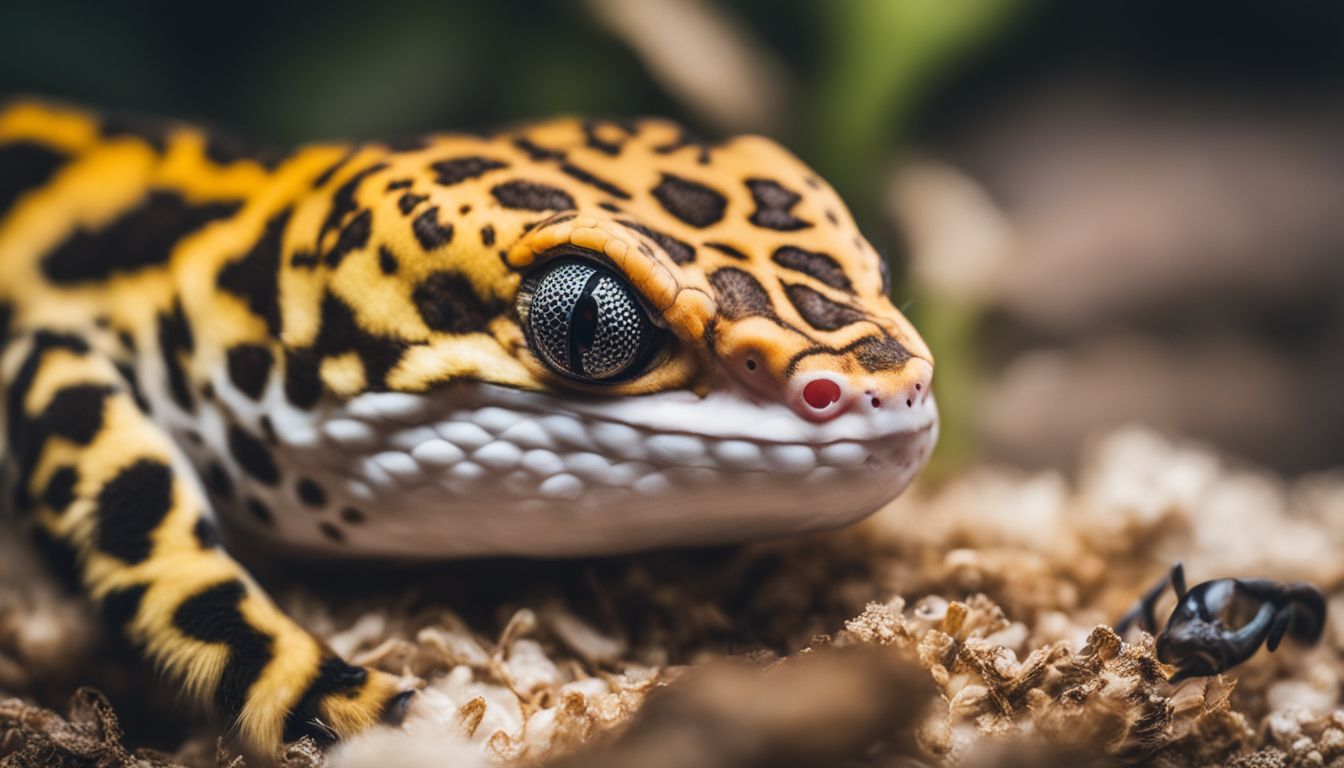 A close-up photo of a leopard gecko eating a wax worm in its natural habitat.