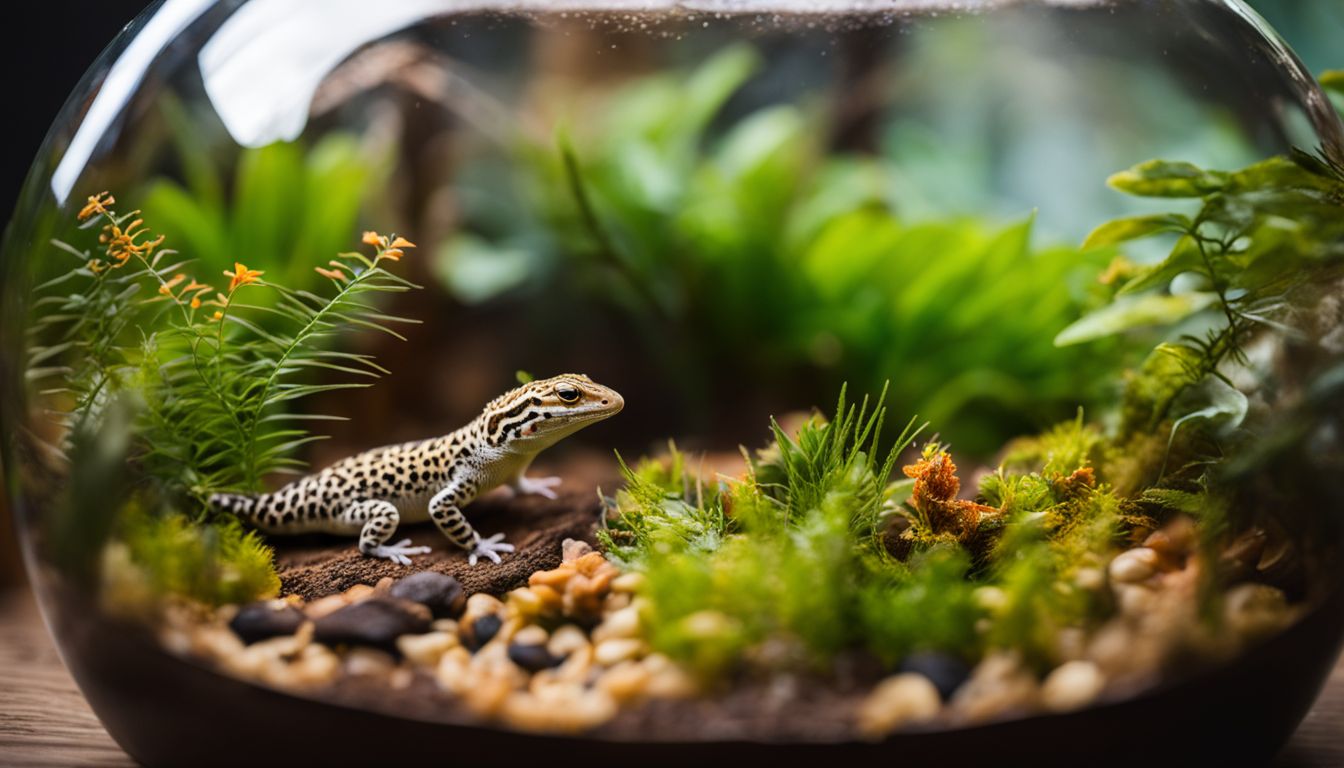 A leopard gecko explores a terrarium with food in a photo.