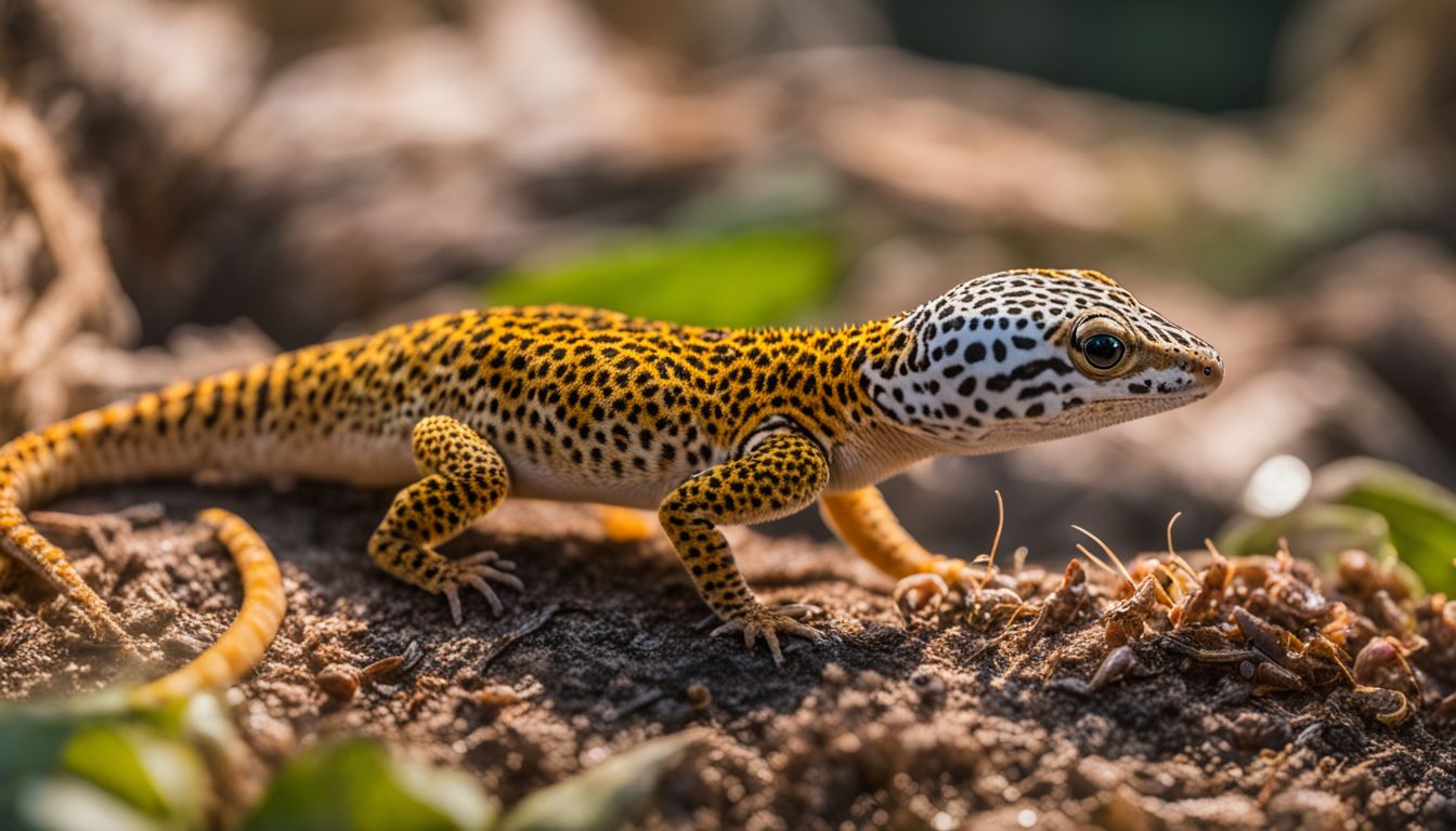 A leopard gecko eating a waxworm surrounded by other feeder insects.