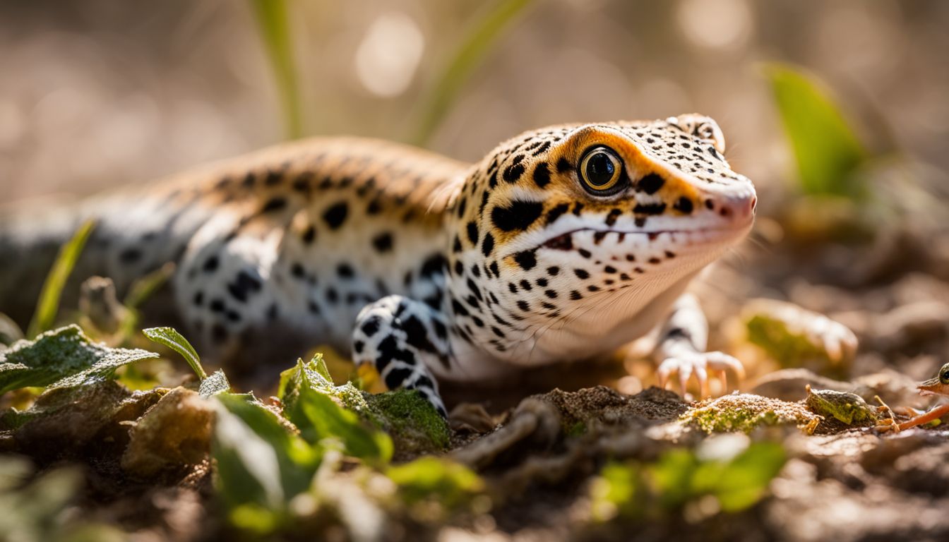 A leopard gecko enjoying a waxworm treat in a natural habitat.