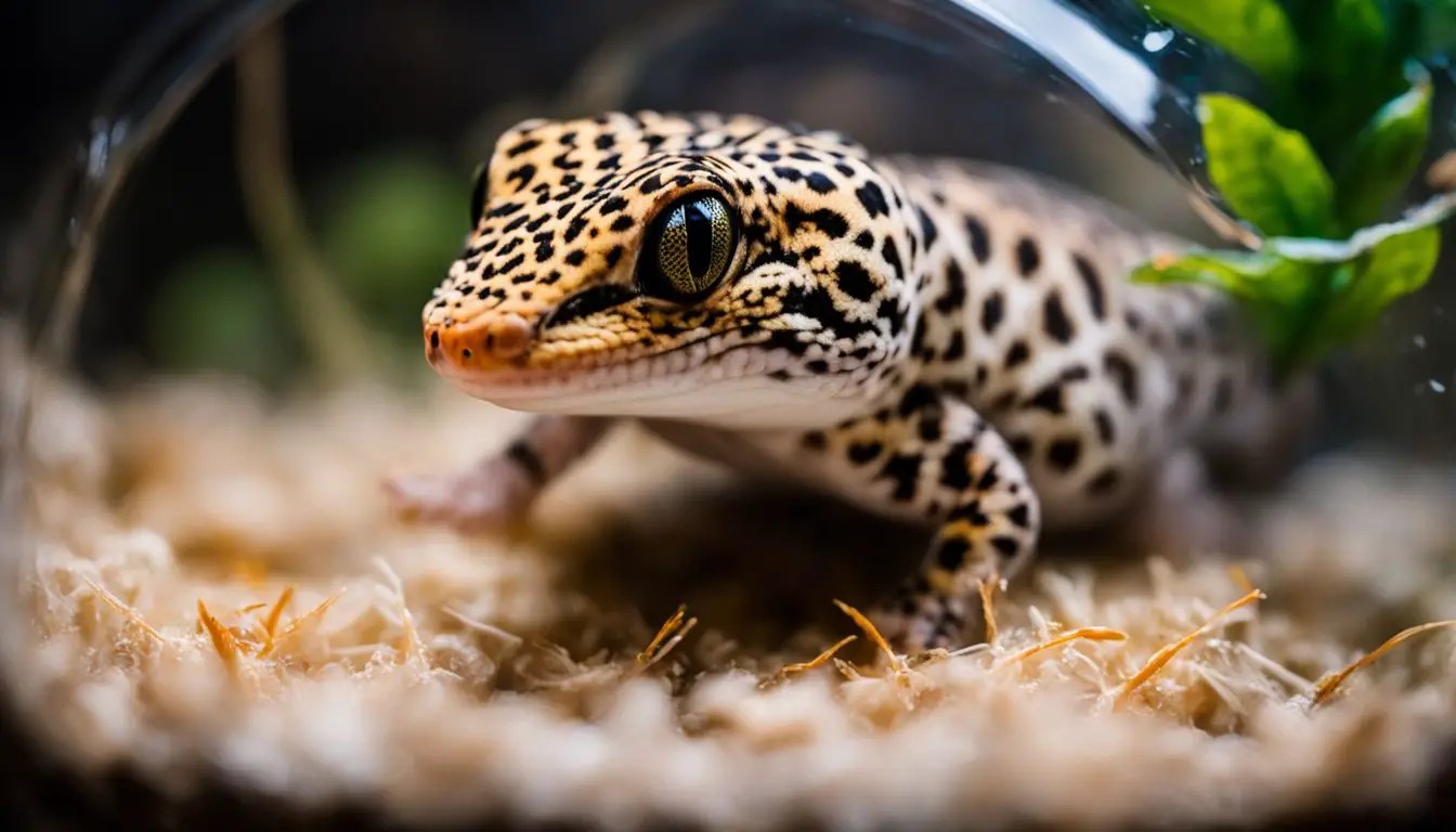 A leopard gecko is eating a nightcrawler in a terrarium.