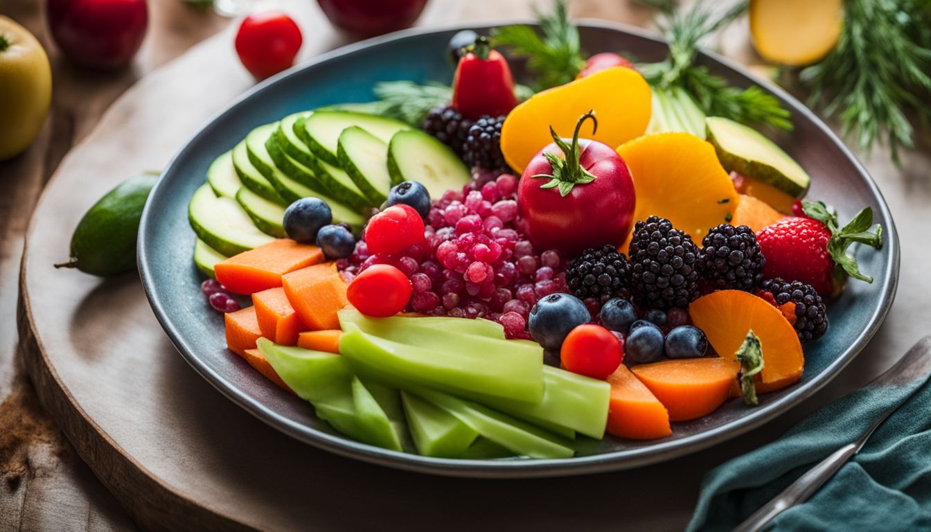 A vibrant plate of assorted colorful vegetables and fruits, captured in high resolution photography.