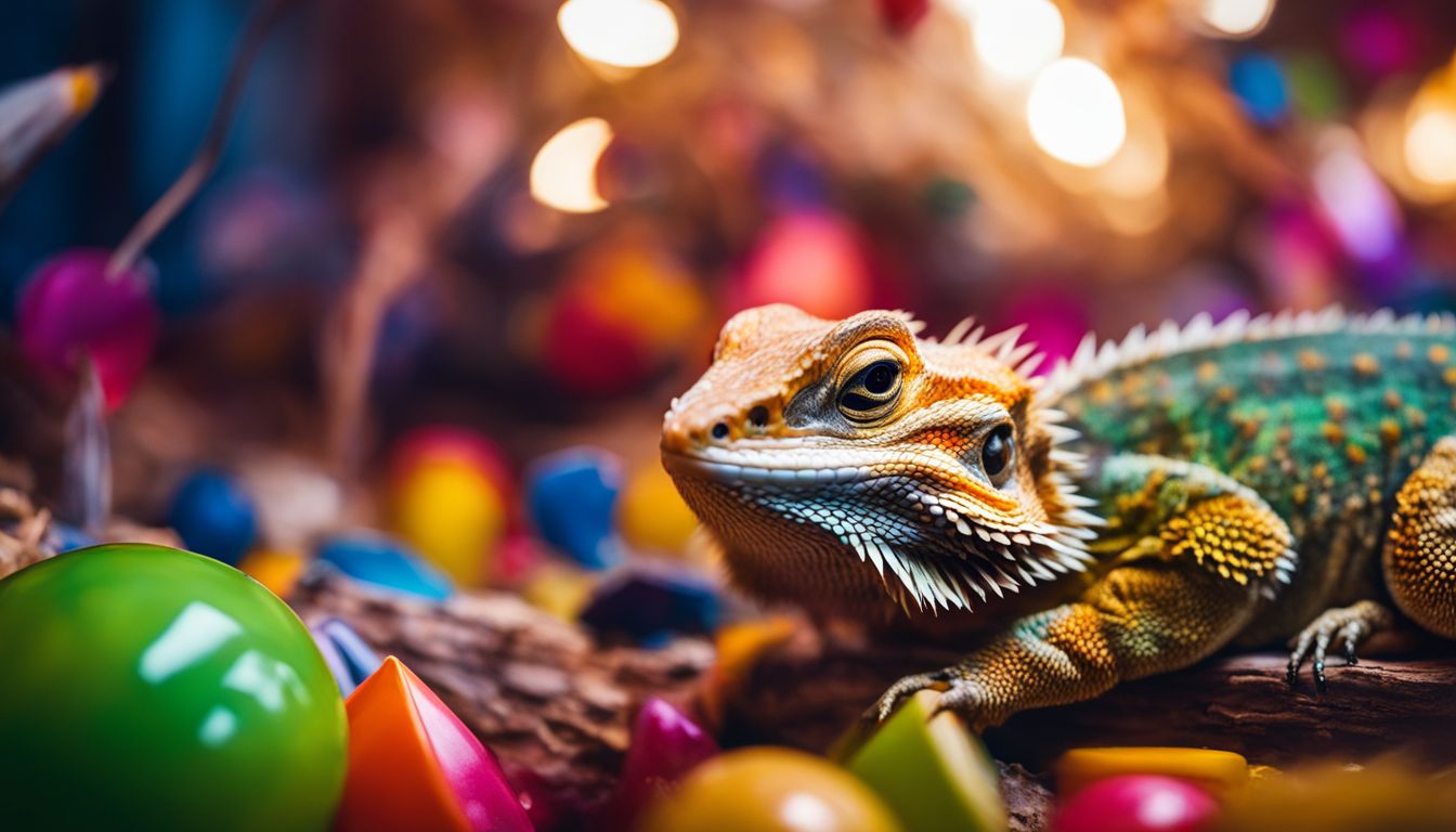 A bearded dragon surrounded by various colored objects in its habitat.