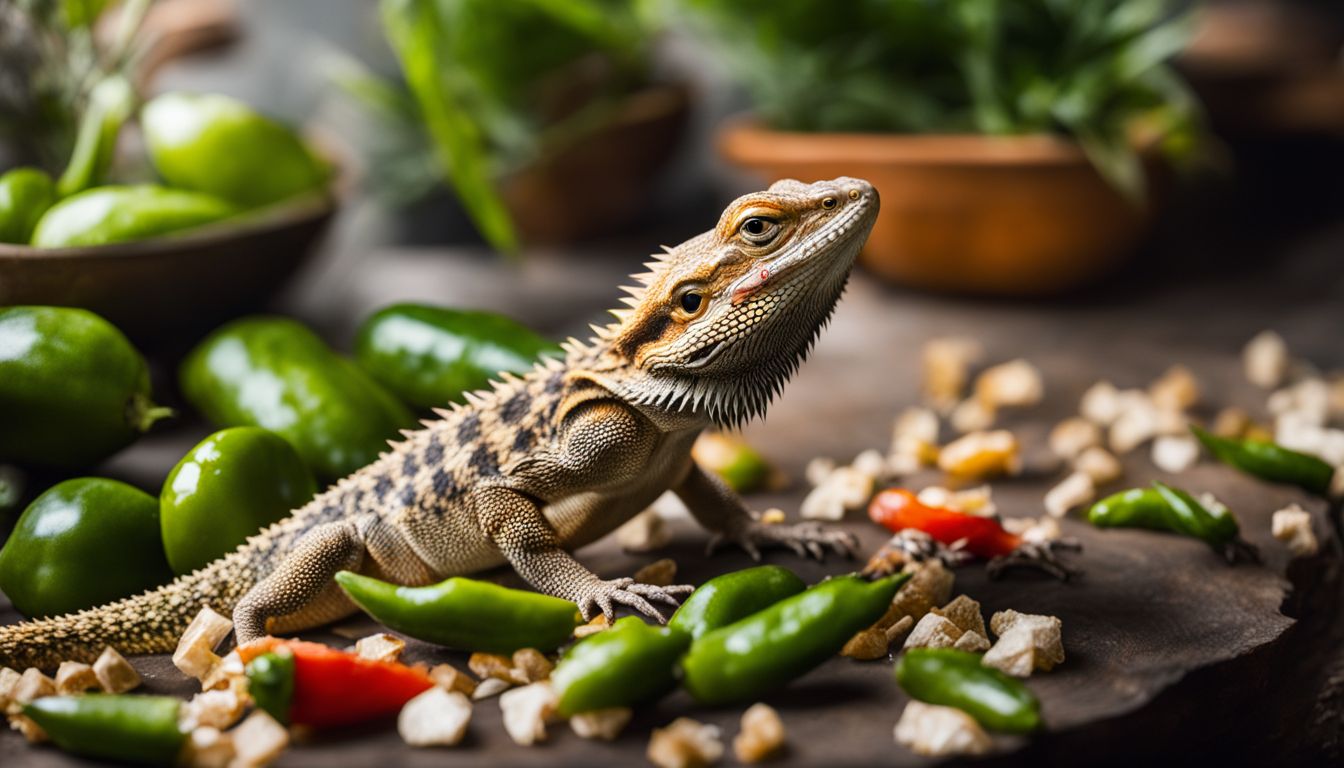 A bearded dragon eating jalapenos in a natural terrarium in a variety of poses.