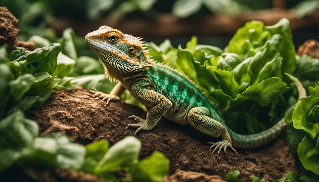 A bearded dragon explores a variety of fresh greens with salad dressing in a well-lit and bustling atmosphere.