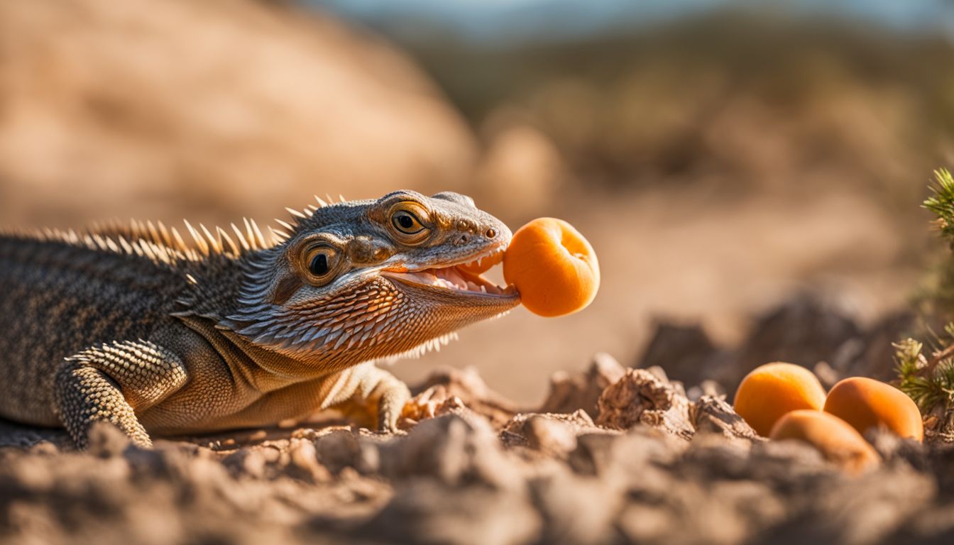 A bearded dragon eating apricot in a natural desert habitat, captured in high-quality wildlife photography.
