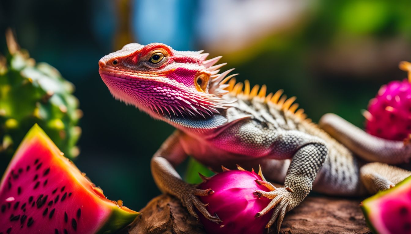 A bearded dragon enjoying a slice of dragon fruit in a vibrant natural habitat.