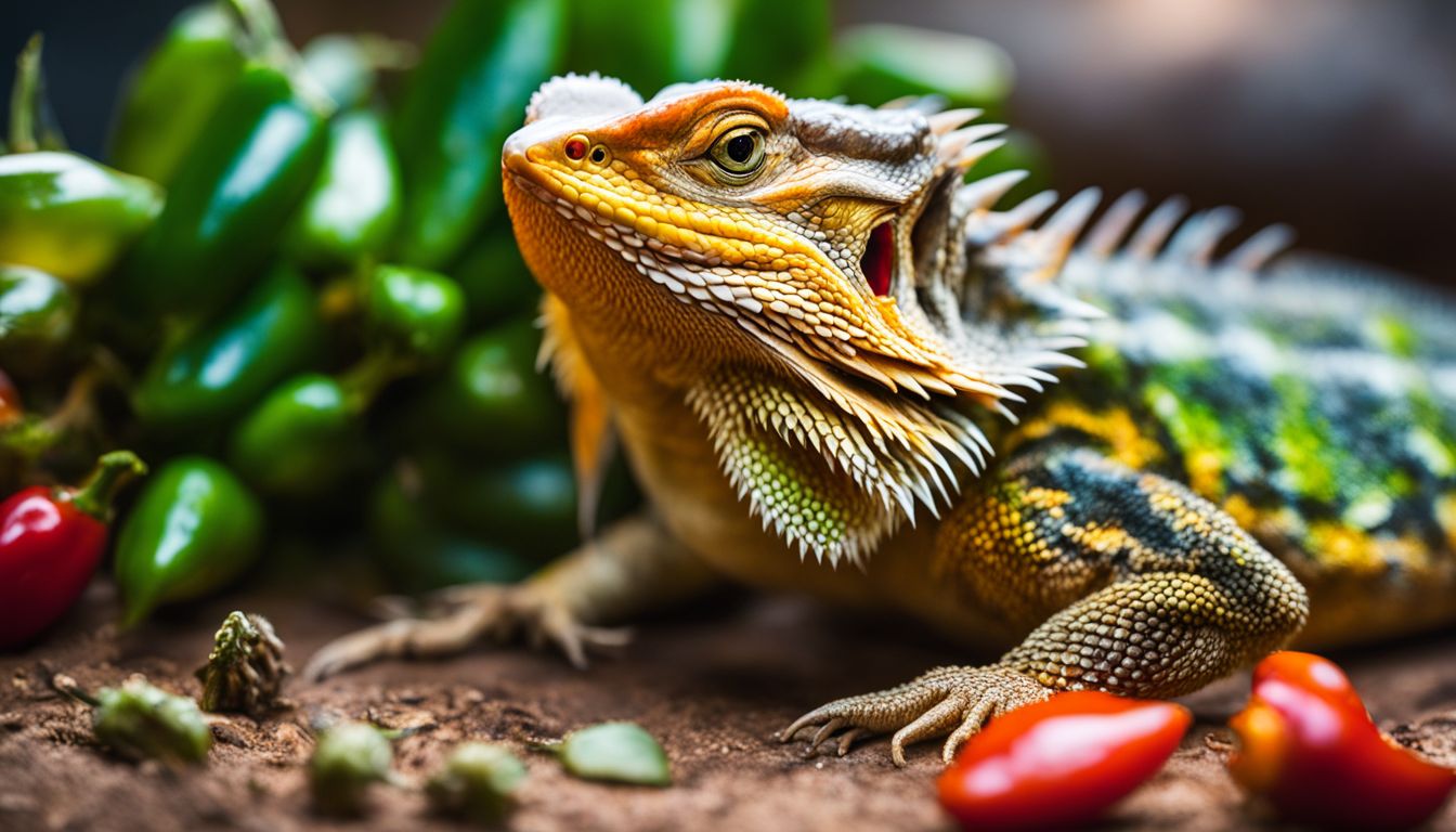 A bearded dragon enjoys munching on a jalapeno pepper in a colorful terrarium.