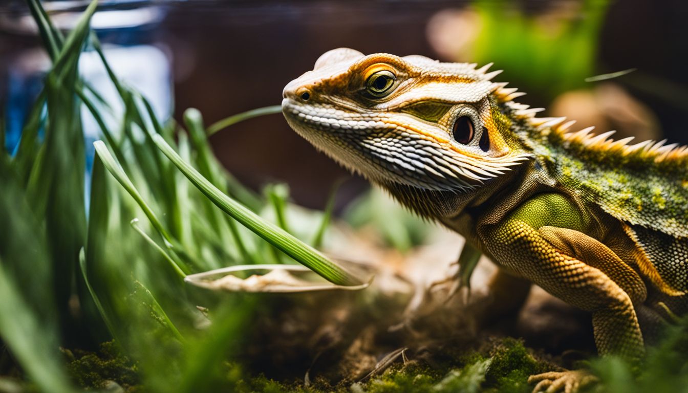 A bearded dragon enjoys munching on a fresh leek in a vibrant terrarium.