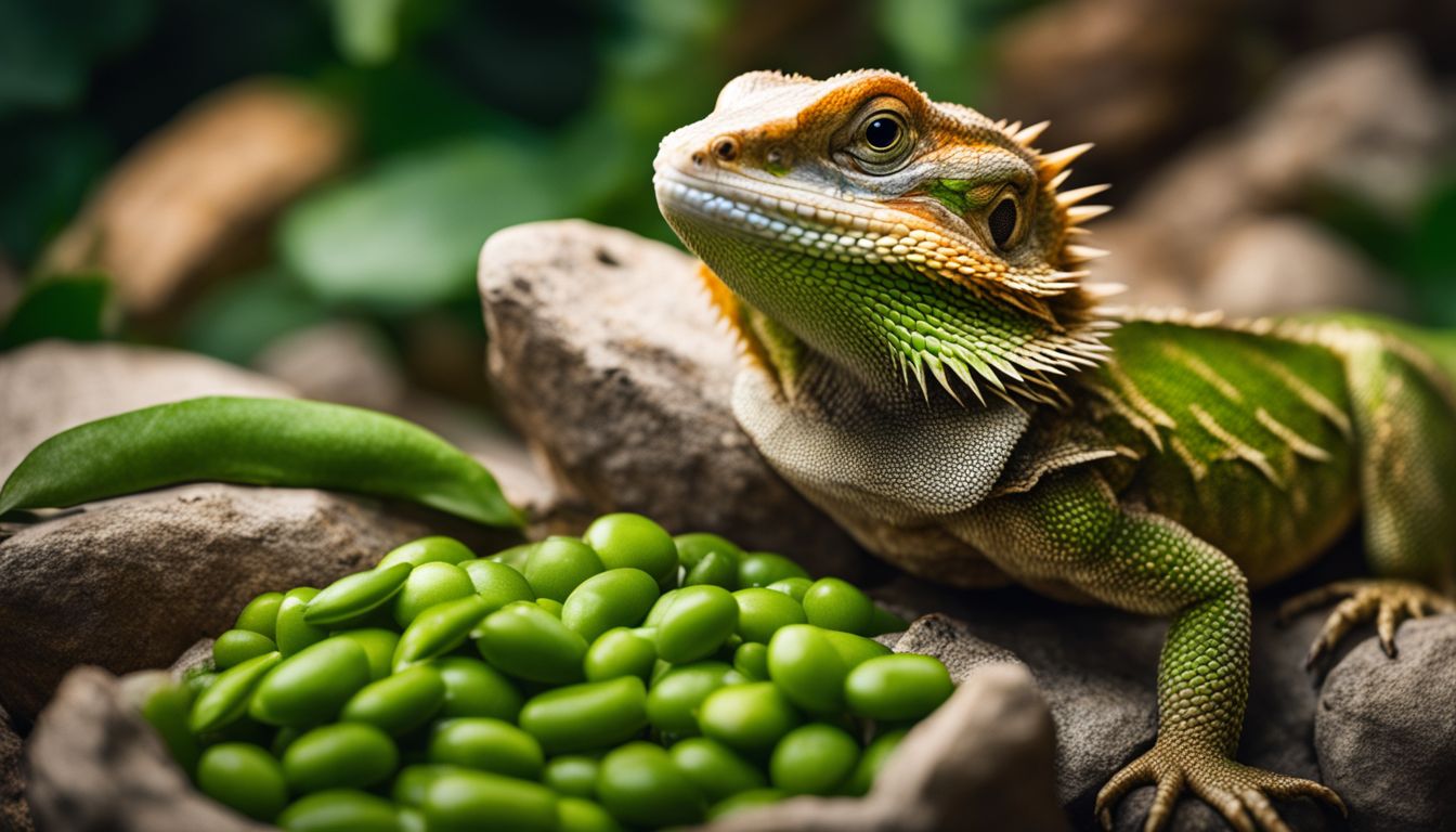 A bearded dragon calmly basking on a pile of edamame pods in a wildlife setting.