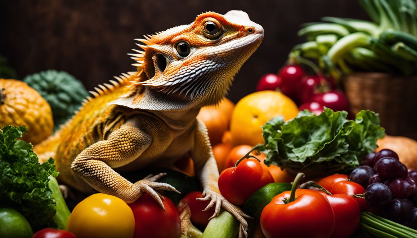 A bearded dragon surrounded by assorted fruits and vegetables in a vibrant and bustling setting.
