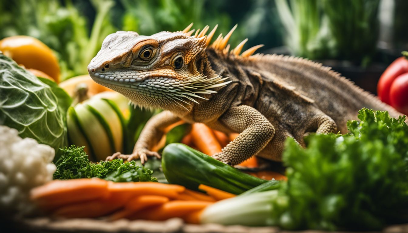 A bearded dragon surrounded by a variety of nutritious vegetables in a natural habitat.