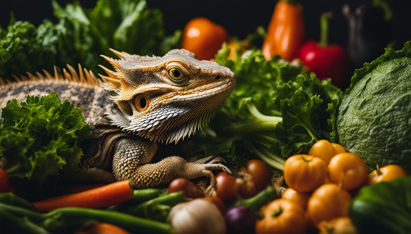 A bearded dragon surrounded by a variety of safe vegetables in a well-lit and natural setting.