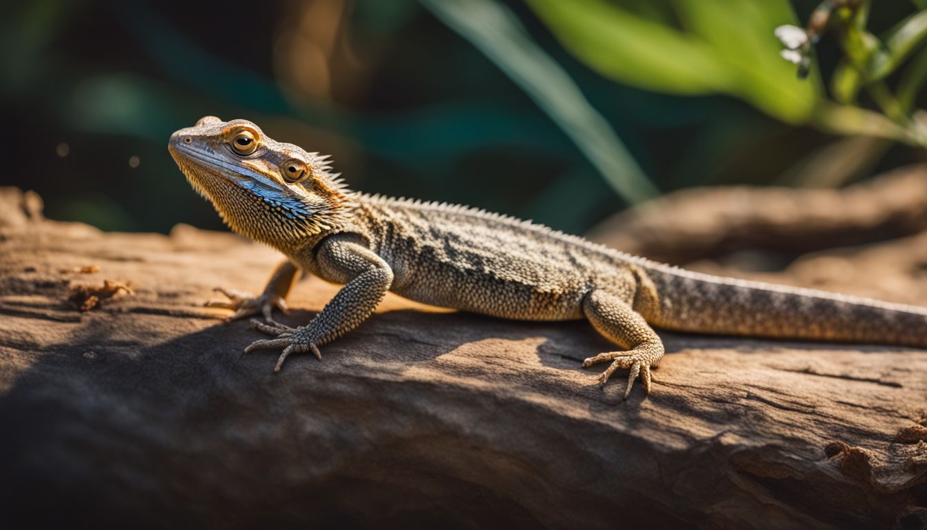 A bearded dragon surrounded by nutritious insects in a bustling atmosphere, captured by a high-quality camera.