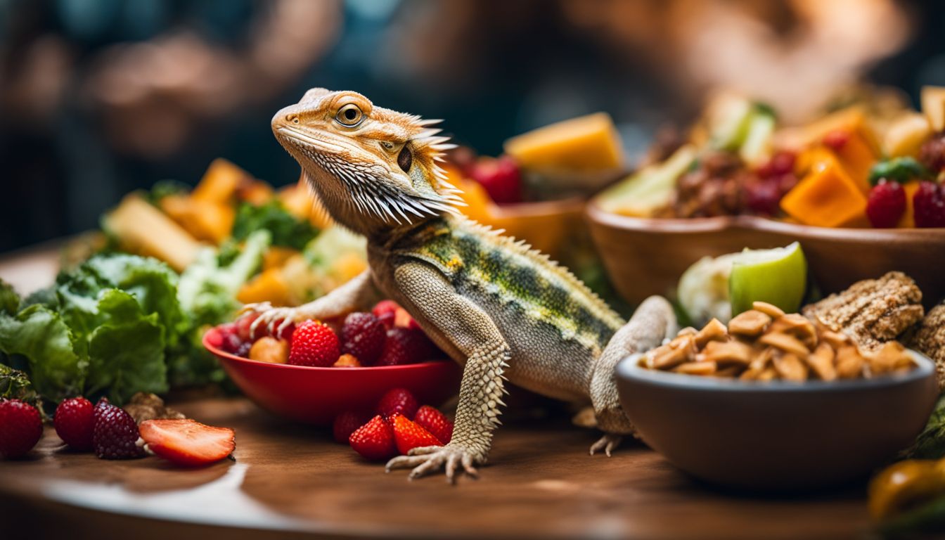 A bearded dragon surrounded by a variety of safe and healthy food options in a bustling atmosphere.