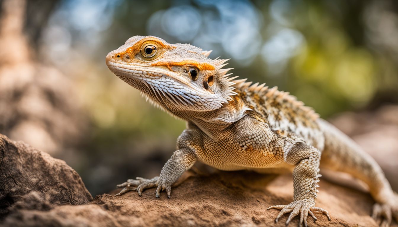 A bearded dragon catching flies in its natural habitat, captured in high-quality wildlife photography.