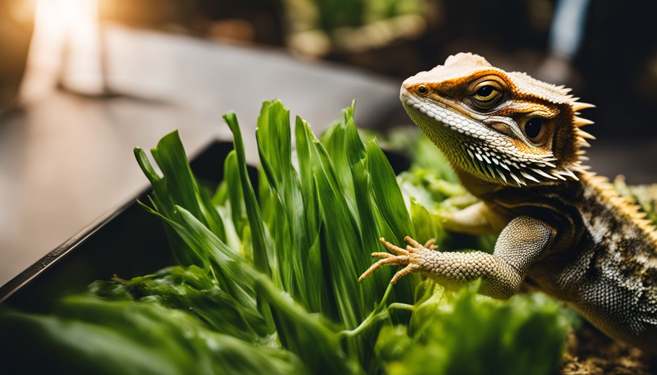 A bearded dragon eats a leek in its vivarium, surrounded by different people and a bustling atmosphere.