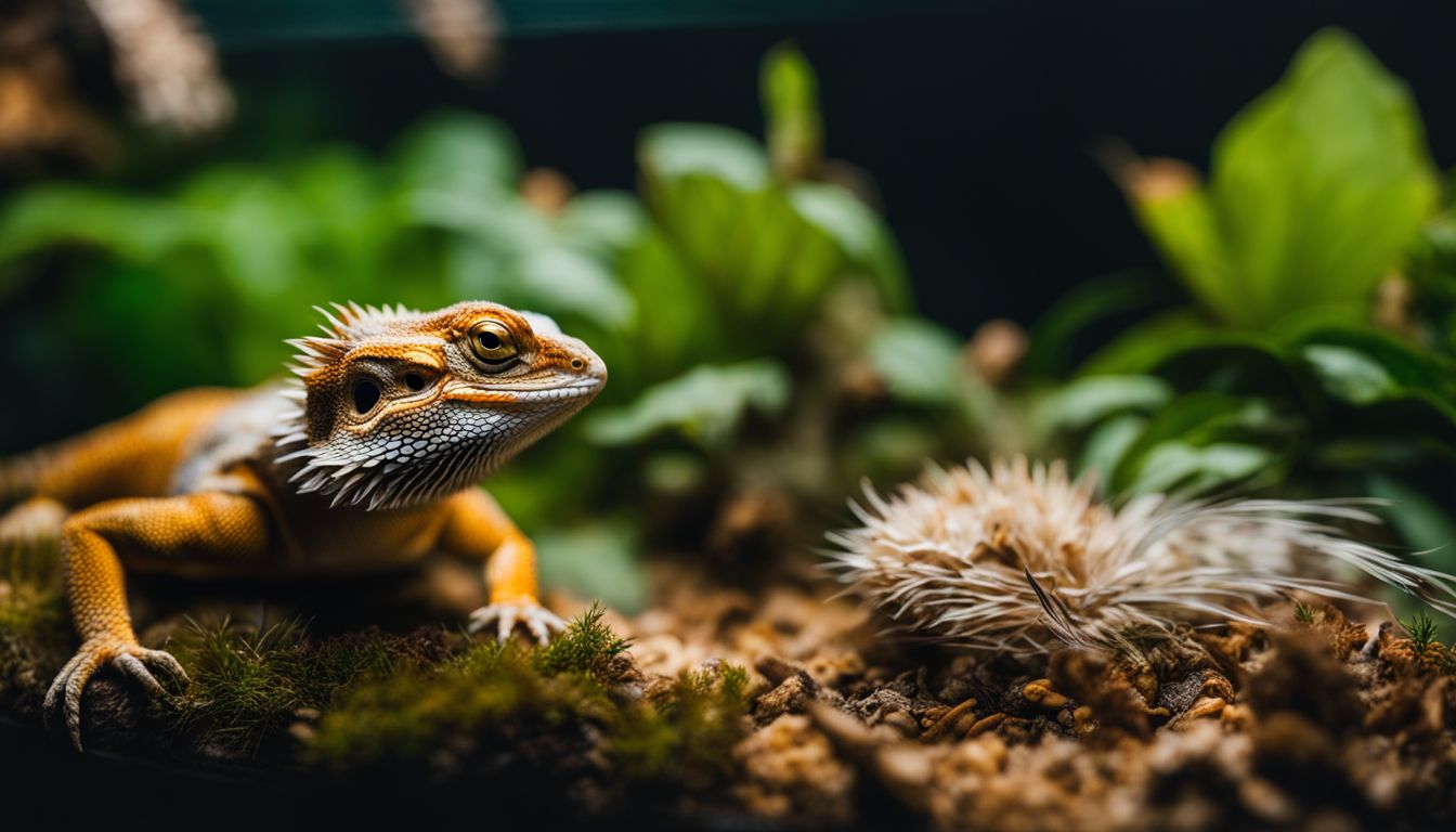 A bearded dragon cautiously eyes a mealworm beetle in its terrarium.
