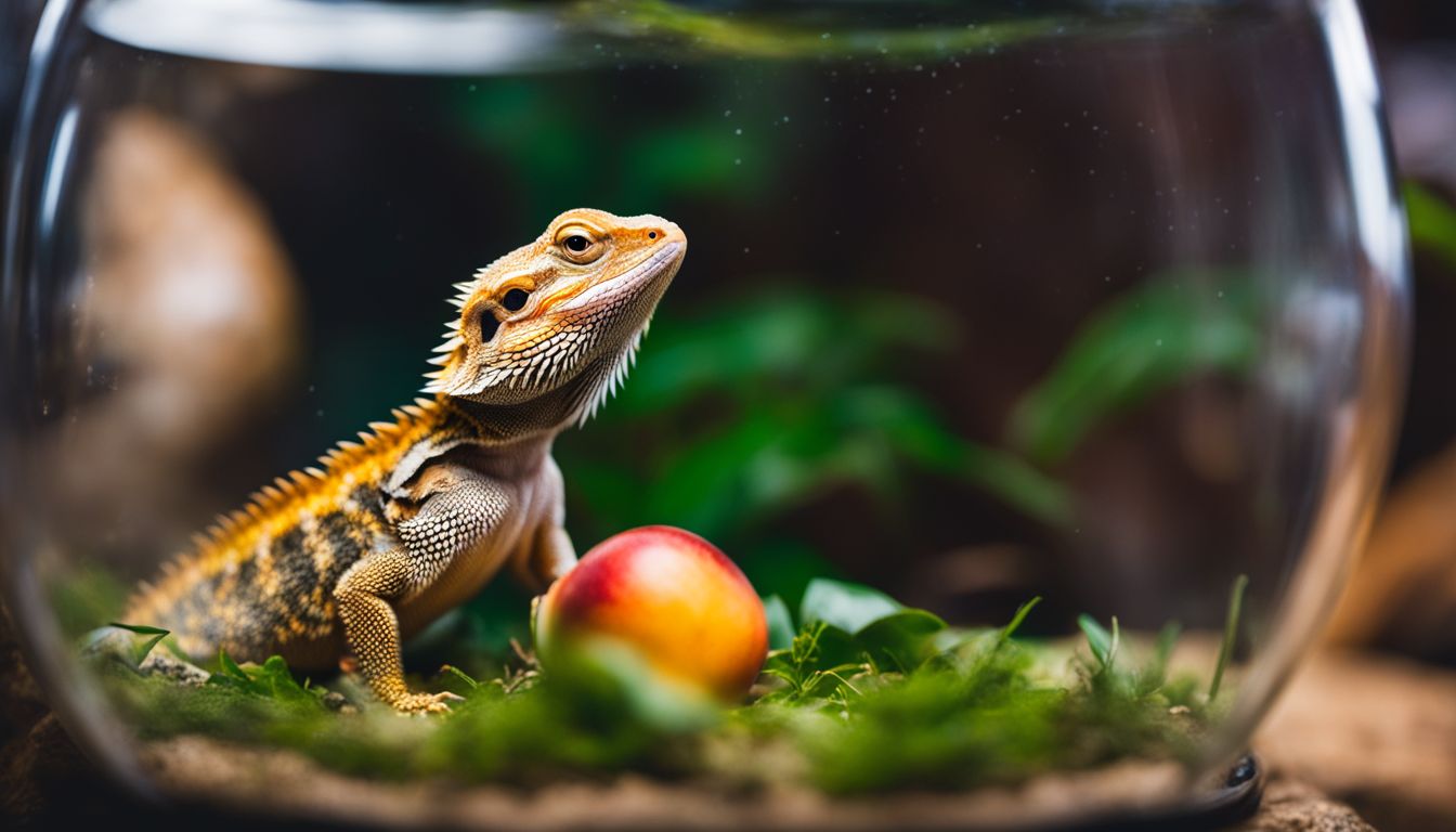 A bearded dragon eats a piece of nectarine in a terrarium, captured in high-quality detail.