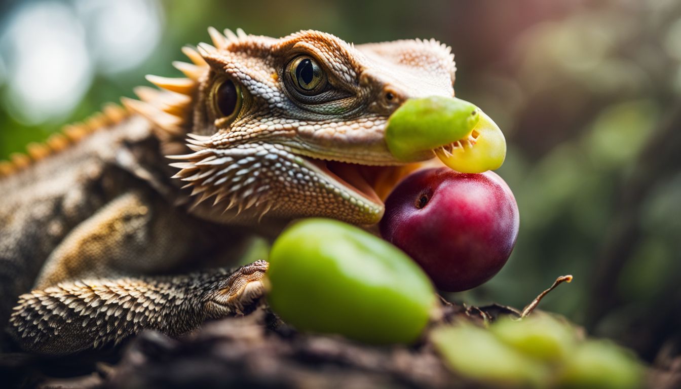 A bearded dragon eating a plum in its natural habitat, captured in vivid detail.