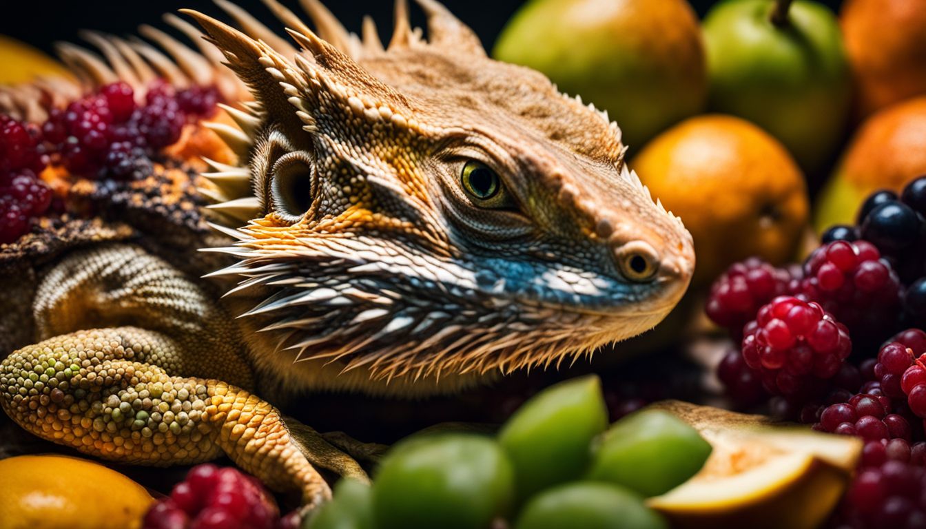 A bearded dragon surrounded by various fruits in a bustling atmosphere with people of different appearances.