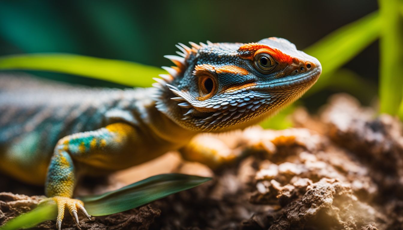 A bearded dragon hunts for red wigglers in a natural terrarium with a variety of backgrounds.