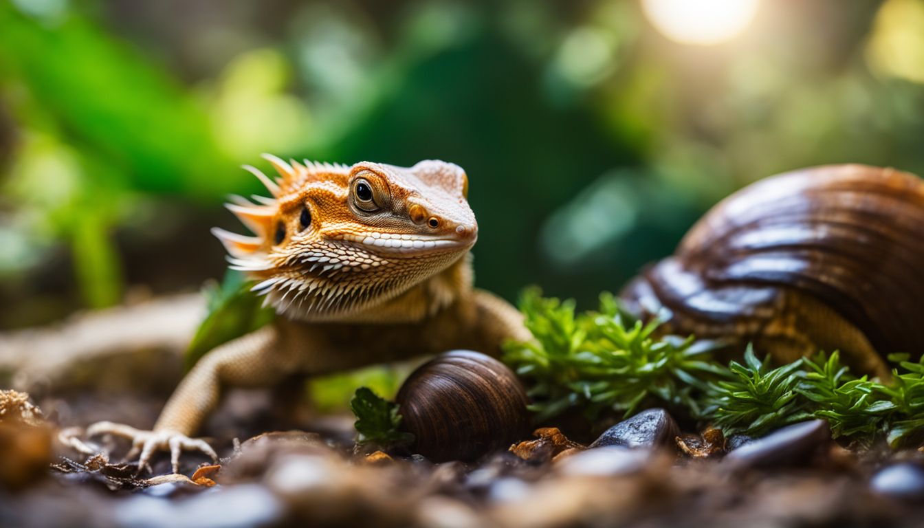 A bearded dragon feeding on a snail in a natural terrarium, captured in high resolution.