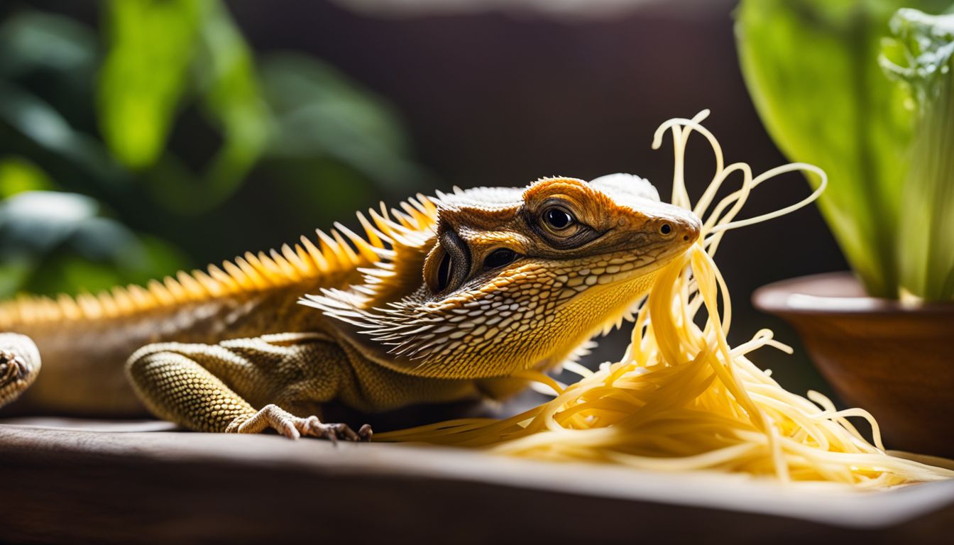A bearded dragon eats spaghetti squash in its natural habitat in a wildlife photography setting.