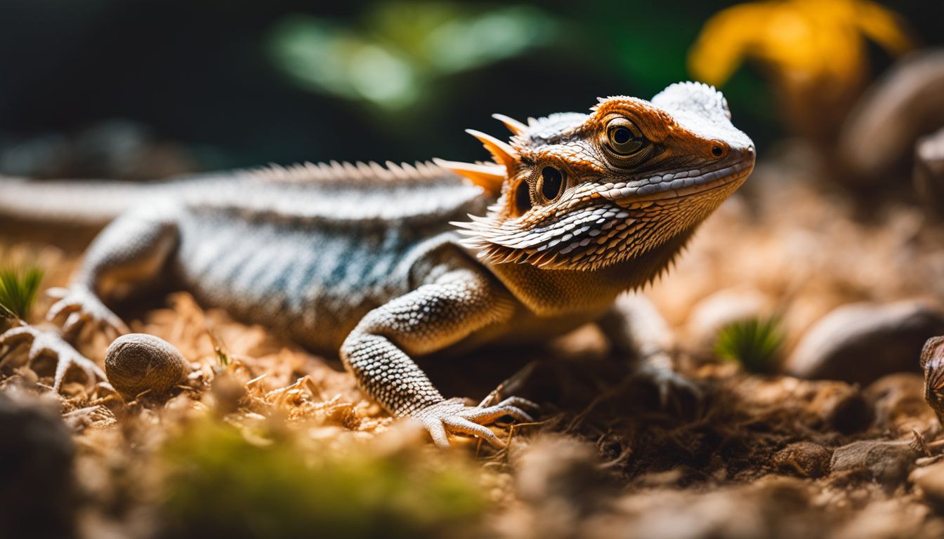 A bearded dragon hunting for spiders in a desert terrarium in a wildlife photography setting.