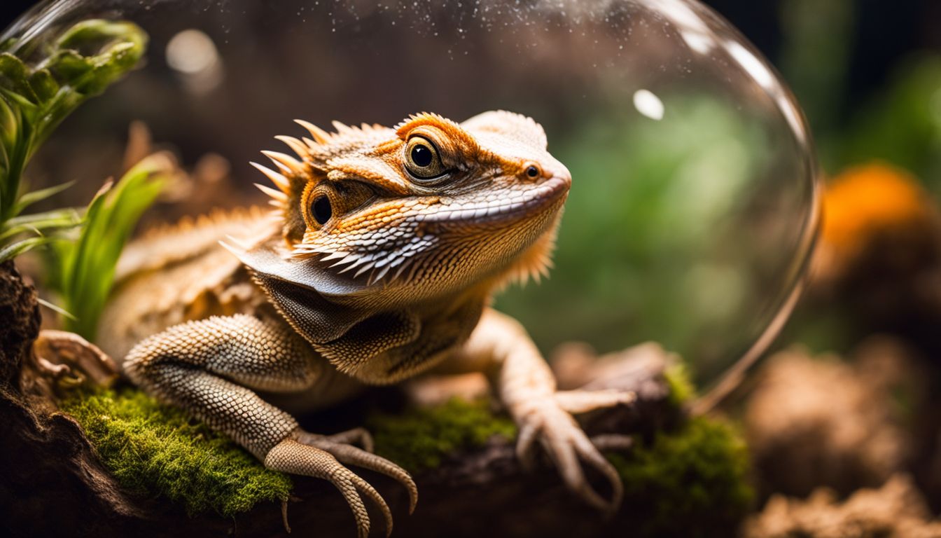 A bearded dragon examining a stink bug in a terrarium with various facial expressions and outfits.