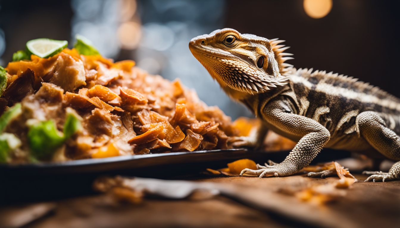 A bearded dragon feeding on a piece of cooked turkey in its habitat.