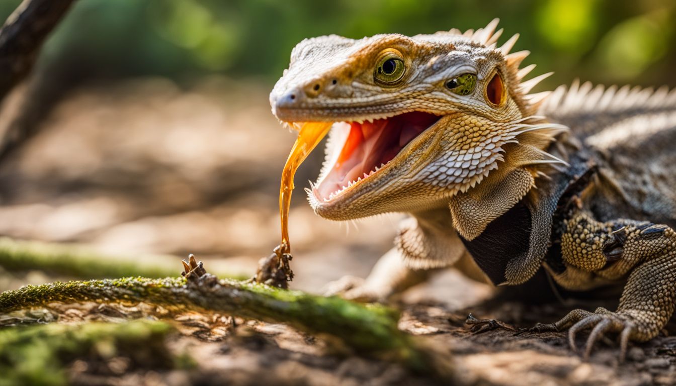 A bearded dragon struggles to swallow a large insect in its natural habitat.
