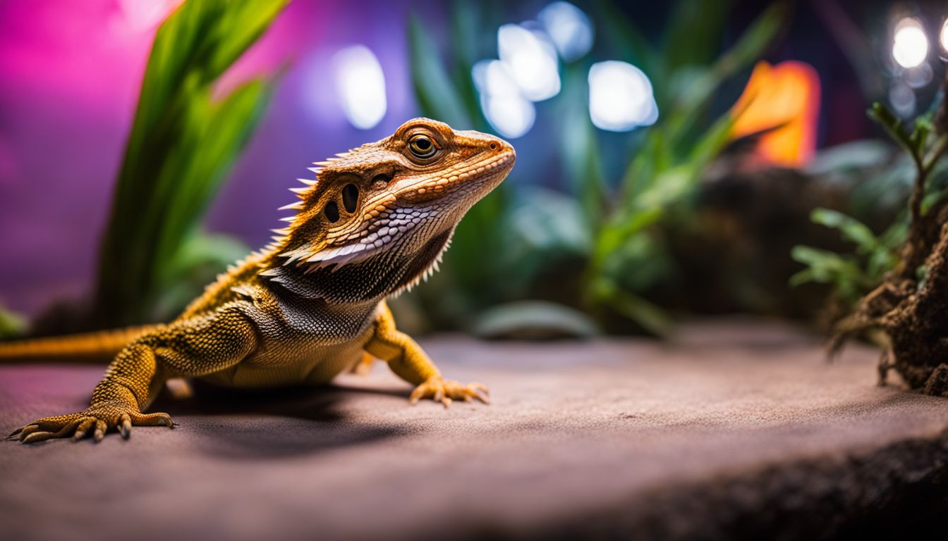A bearded dragon basking in a naturalistic vivarium, photographed in various angles and outfits.