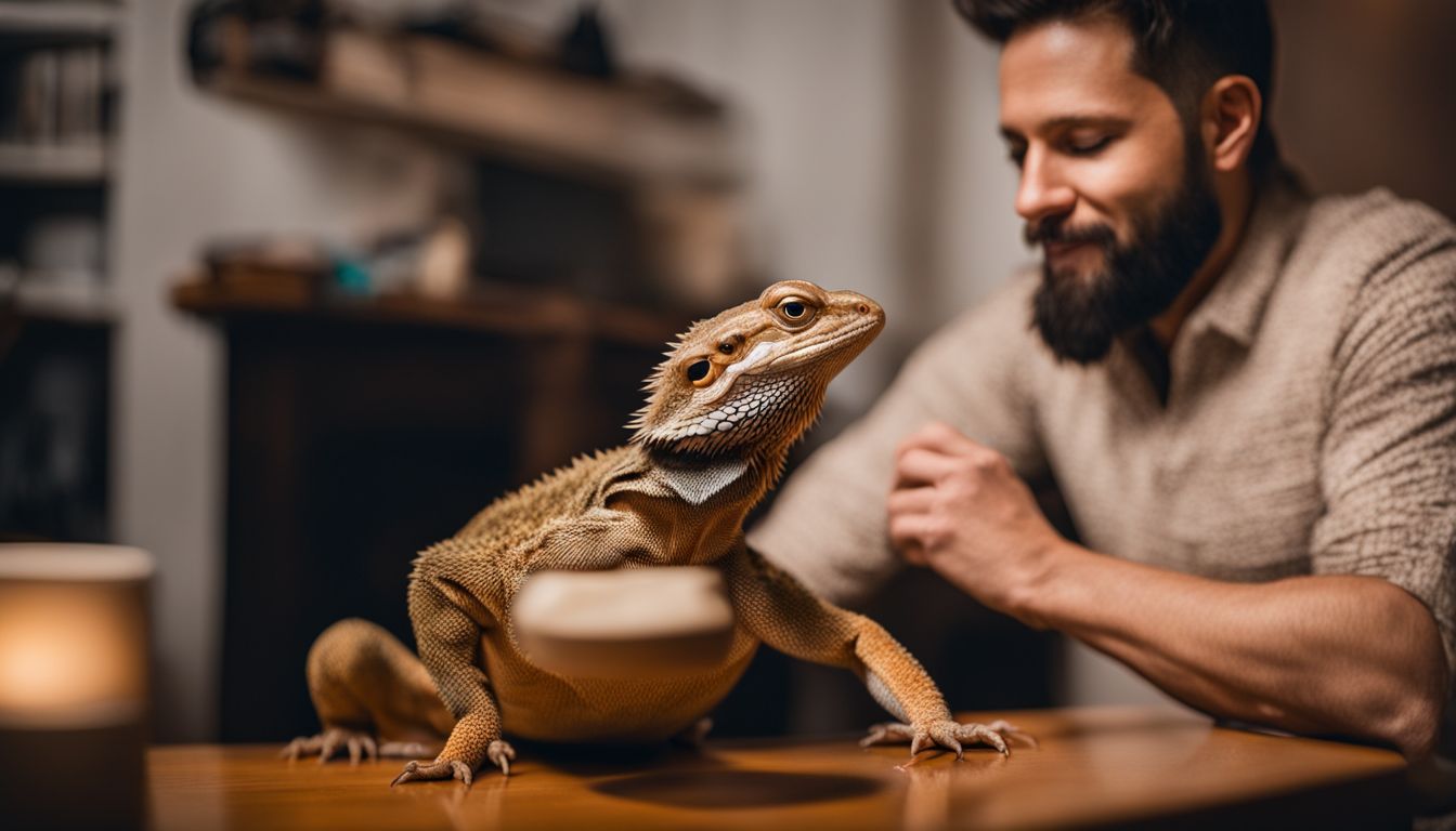 A bearded dragon interacts with its owner in a cozy home environment.