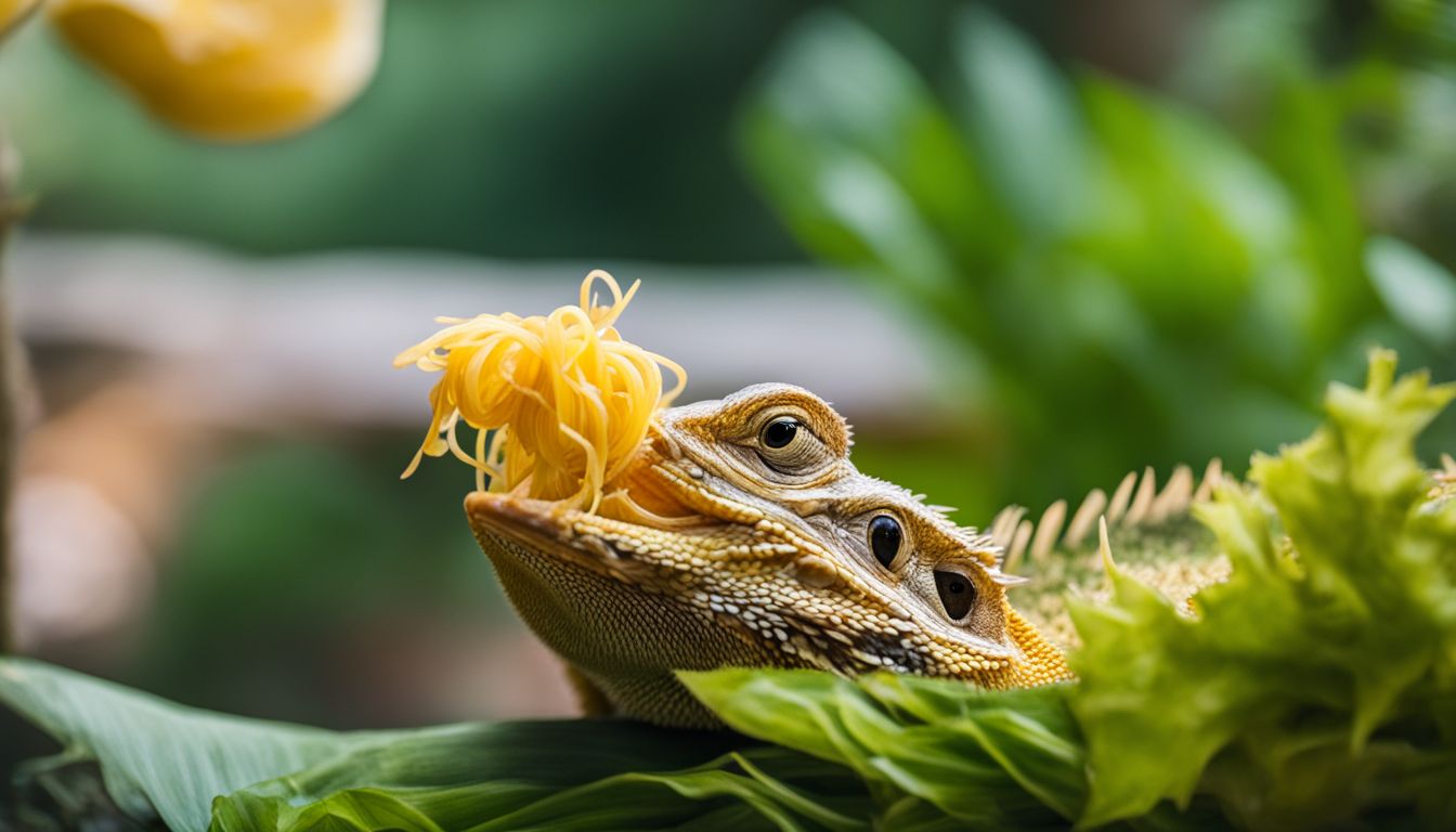 A bearded dragon eating spaghetti squash in a garden with natural surroundings.