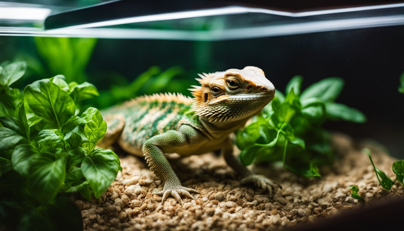 A bearded dragon enjoying a meal of basil and parsley in a lush terrarium.