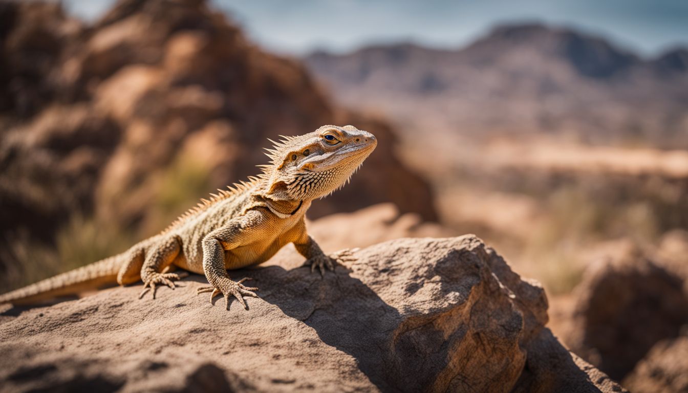 A bearded dragon basking on a rocky outcrop in a desert environment.