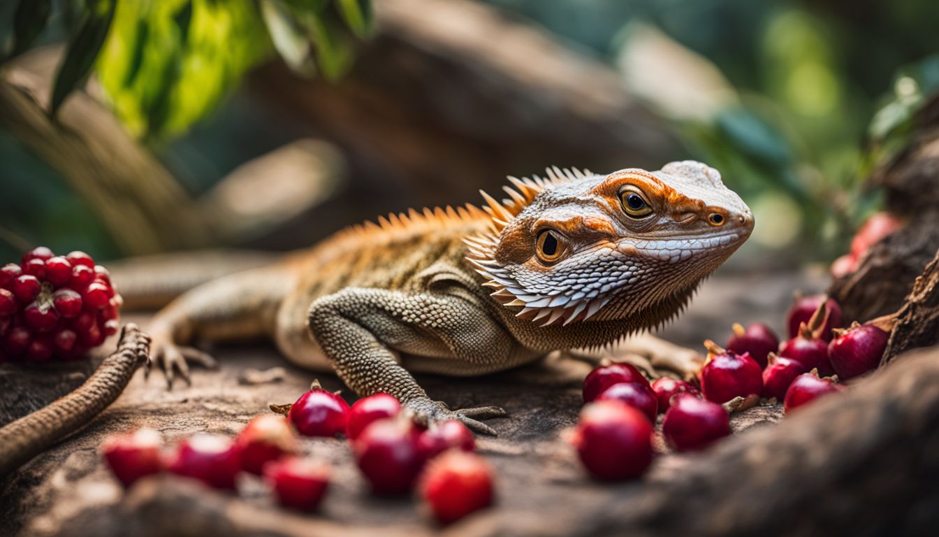 A bearded dragon eating pomegranate in a natural reptile habitat.