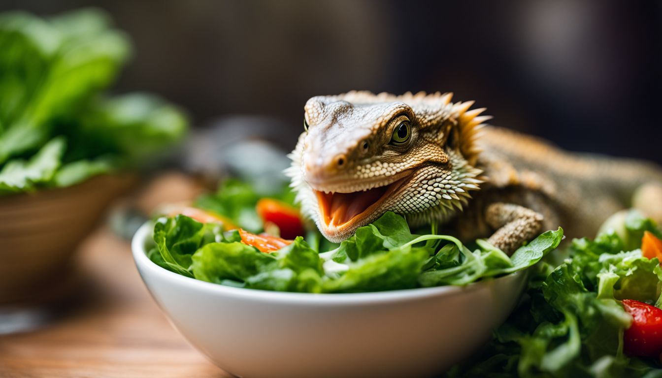 A bearded dragon eating from a bowl of greens with salad dressing in a well-lit, bustling atmosphere.