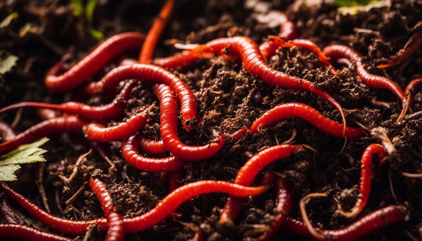 Close-up photo of red wigglers in a compost pile surrounded by organic matter in nature.