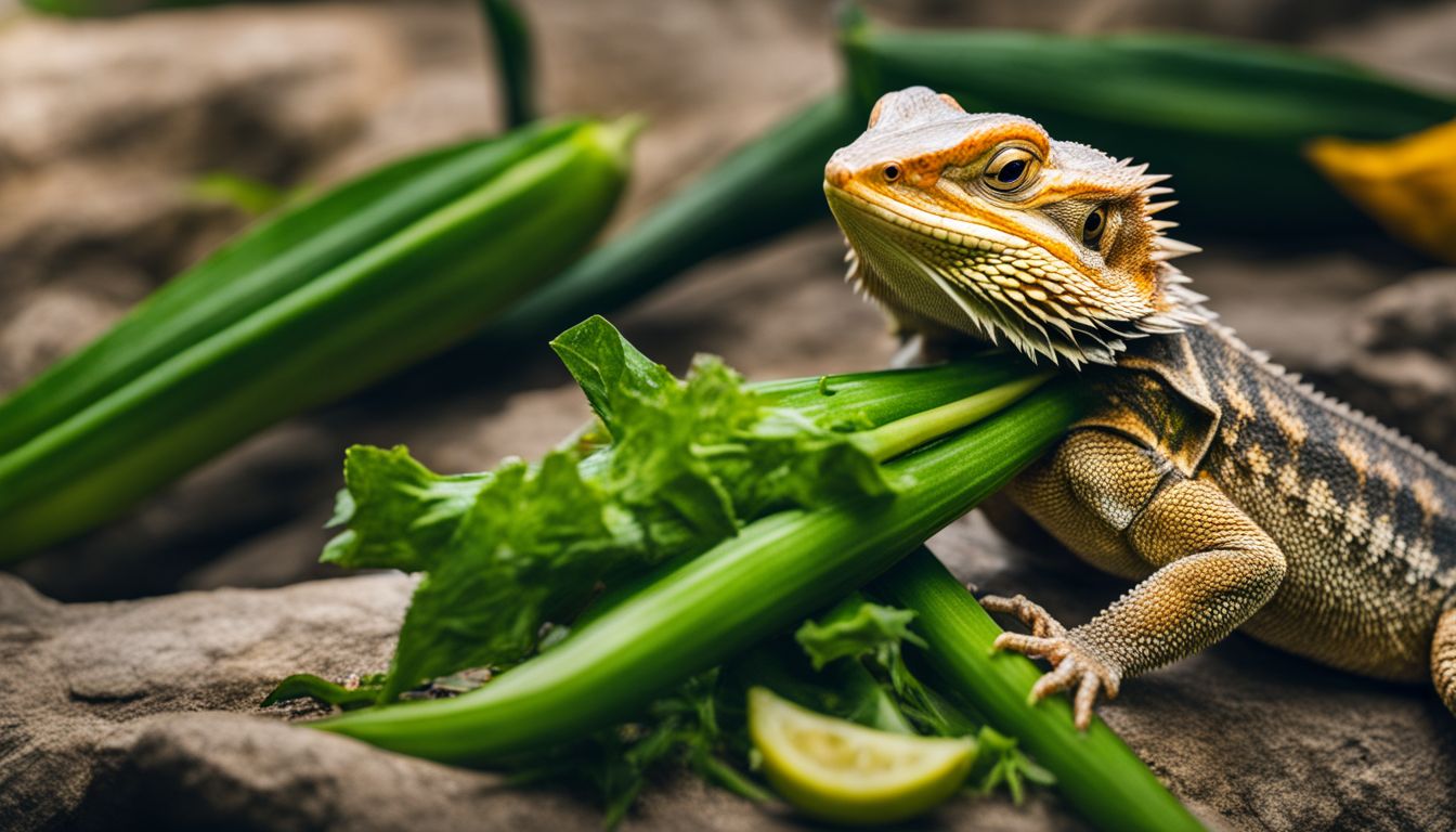 A bearded dragon eating okra in its natural habitat with various outfits and hairstyles.