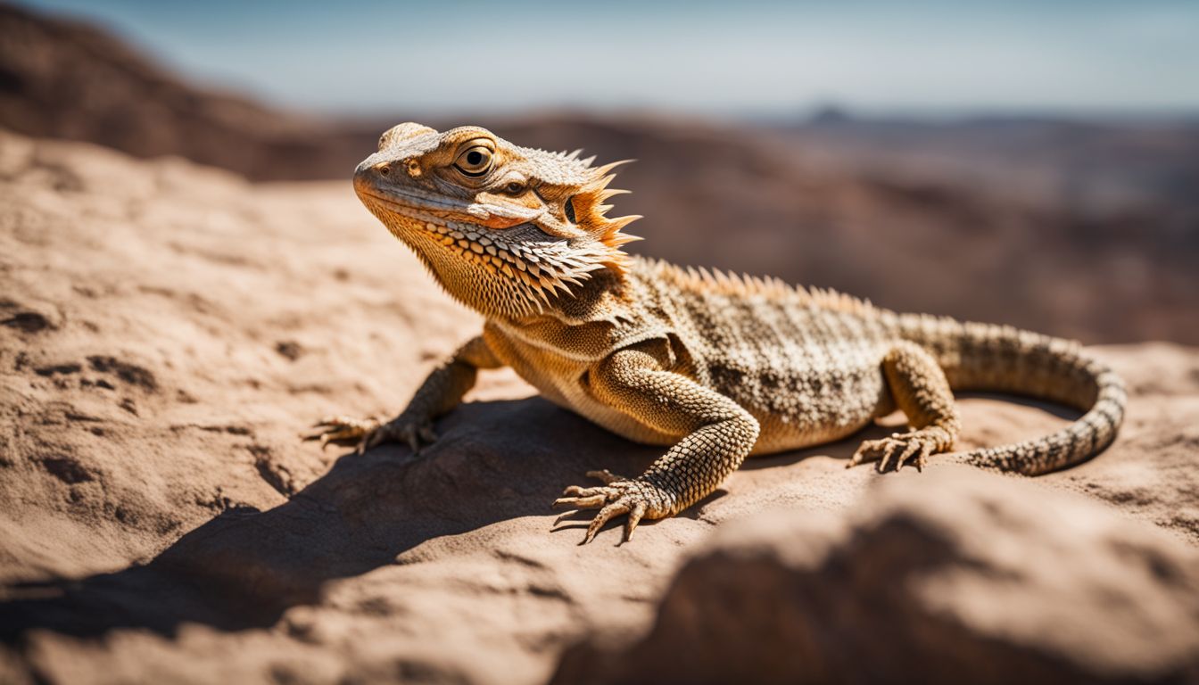 A bearded dragon basking on rocky desert terrain in a wildlife photography setting.