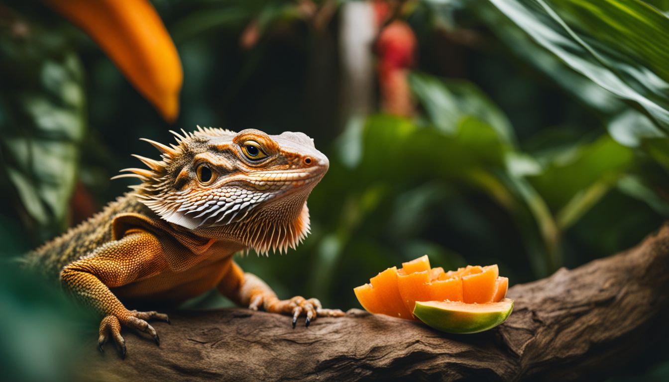 A bearded dragon eating papaya in a lush tropical environment.