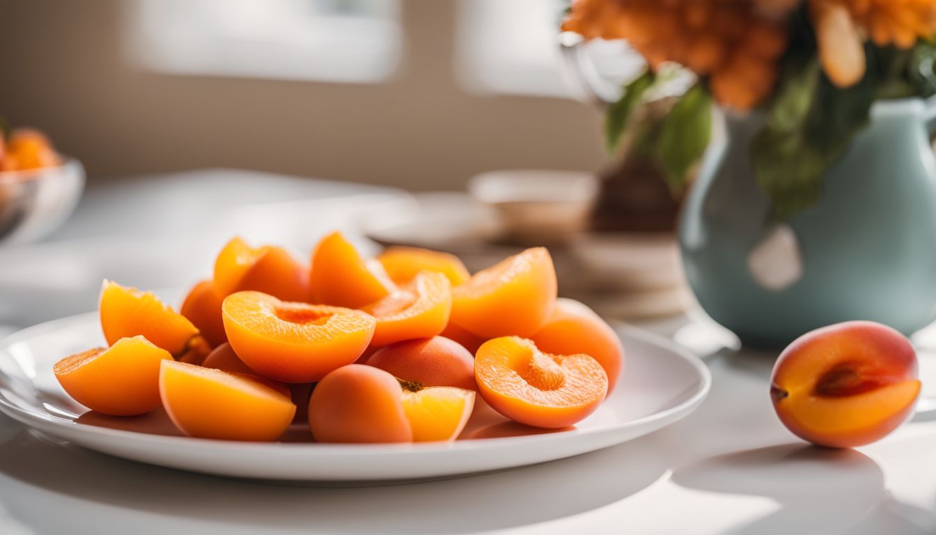 Sliced apricots on a white plate surrounded by a variety of colorful fruits and nature photography.