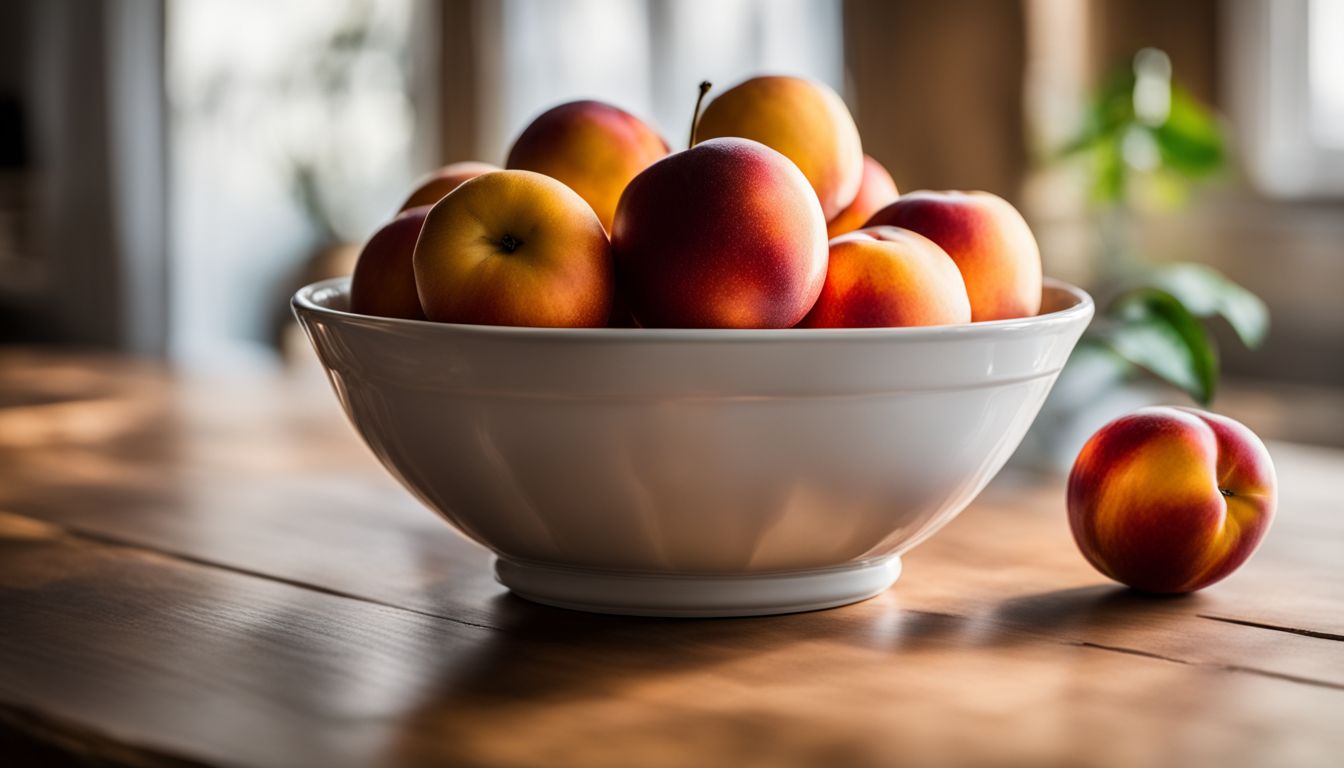 A bowl of ripe nectarines on a wooden tabletop in a sunny kitchen.