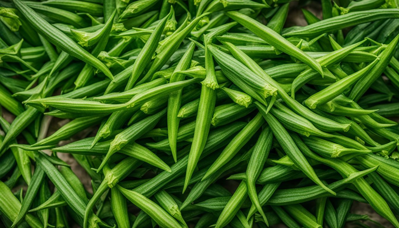 A pile of fresh okra surrounded by vibrant green leaves in a bustling atmosphere.